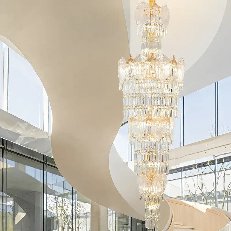 Decorbites crystal european long chandelier with gold-toned accents and multi-tiered crystal design for living room lighting