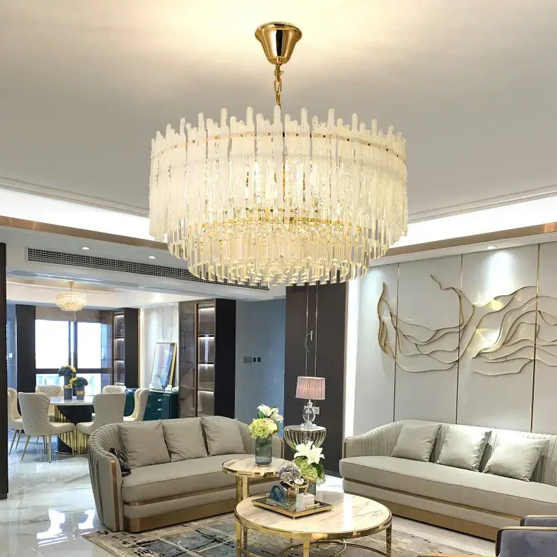 Luxurious decorbites crystal glaze gold chandelier with cascading crystal rods for dining room crystal glaze ceiling