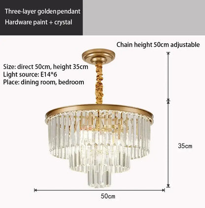 Golden three-layer crystal gold chandelier with crystal rods by decorbites for black and amber living room lighting