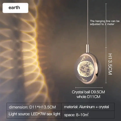 A decorbites crystal jellyfish gold bedroom pendant light with a clear crystal globe and wireframe earth design