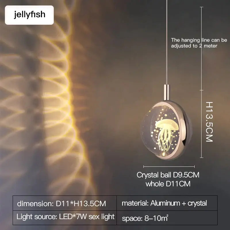 Decorbites crystal jellyfish gold bedroom pendant light with a glowing jellyfish design in aluminum and crystal