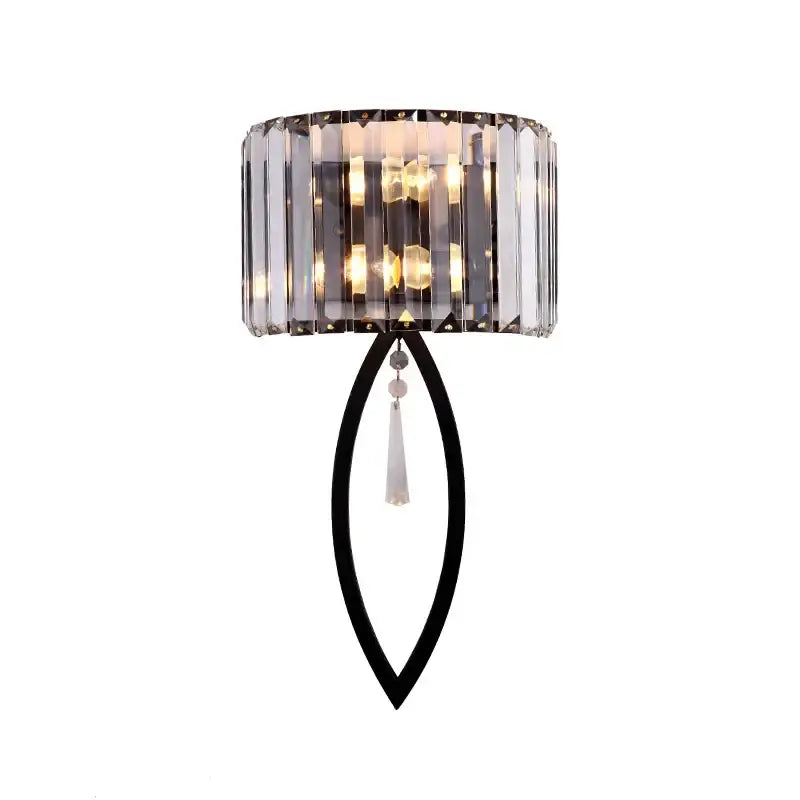 Elegant black metal wall lamp decorbites crystal led with cylindrical crystal shade and clear glass droplet for bedroom