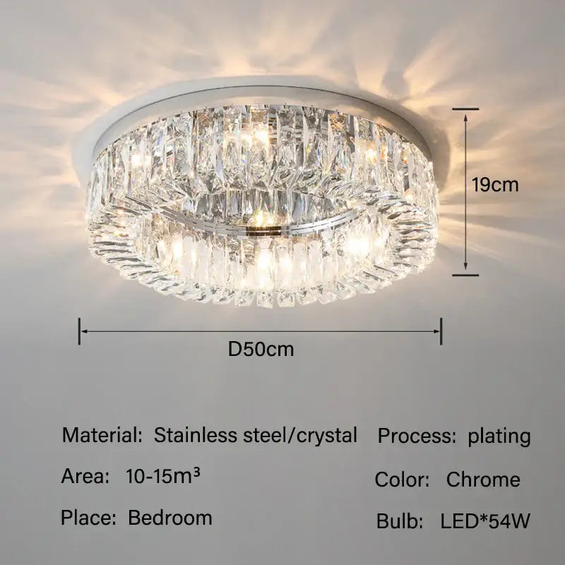 Chrome finished decorbites crystal led circular ceiling light with two tiers of faceted crystal led ceiling elements