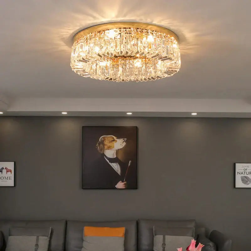 Decorbites crystal led ceiling light chrome chandelier with clear faceted crystals and gold-toned frame for living room