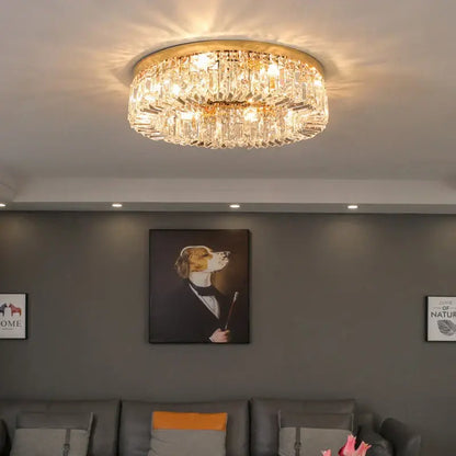 Decorbites crystal led ceiling light chrome chandelier with clear faceted crystals and gold-toned frame for living room
