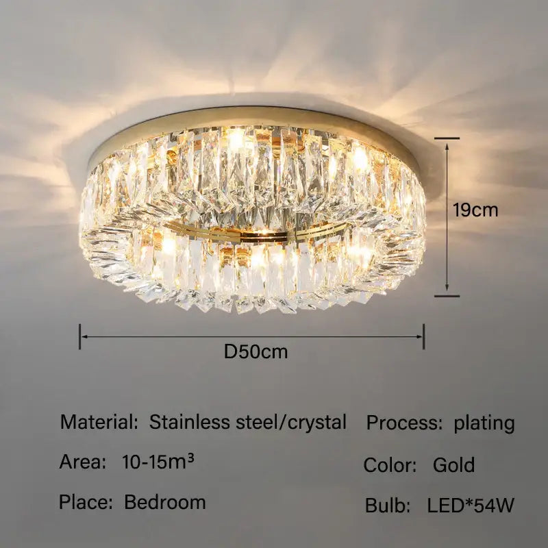 Gold-plated decorbites crystal led circular ceiling light with multiple tiers of faceted crystal prisms for living room