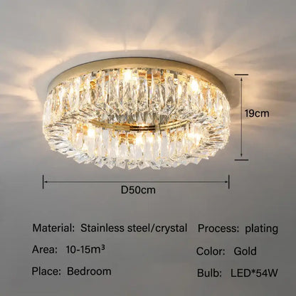 Gold-plated decorbites crystal led circular ceiling light with multiple tiers of faceted crystal prisms for living room