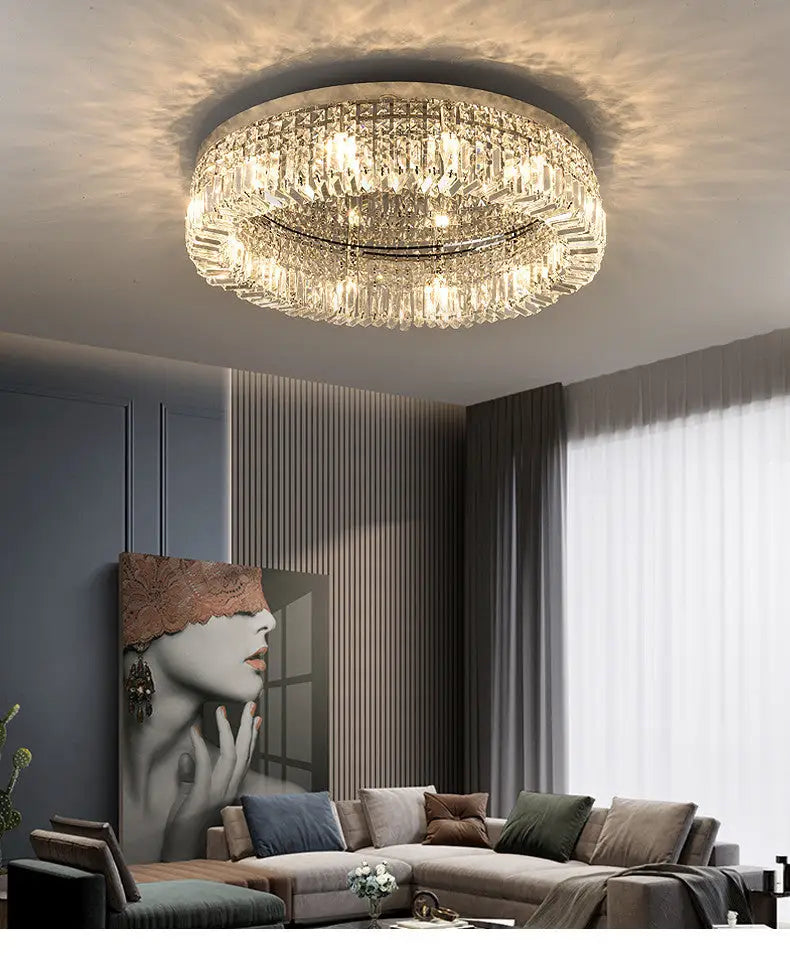 DecorBites™ crystal LED ceiling light in gold with circular tiers of faceted glass for modern dining room décor
