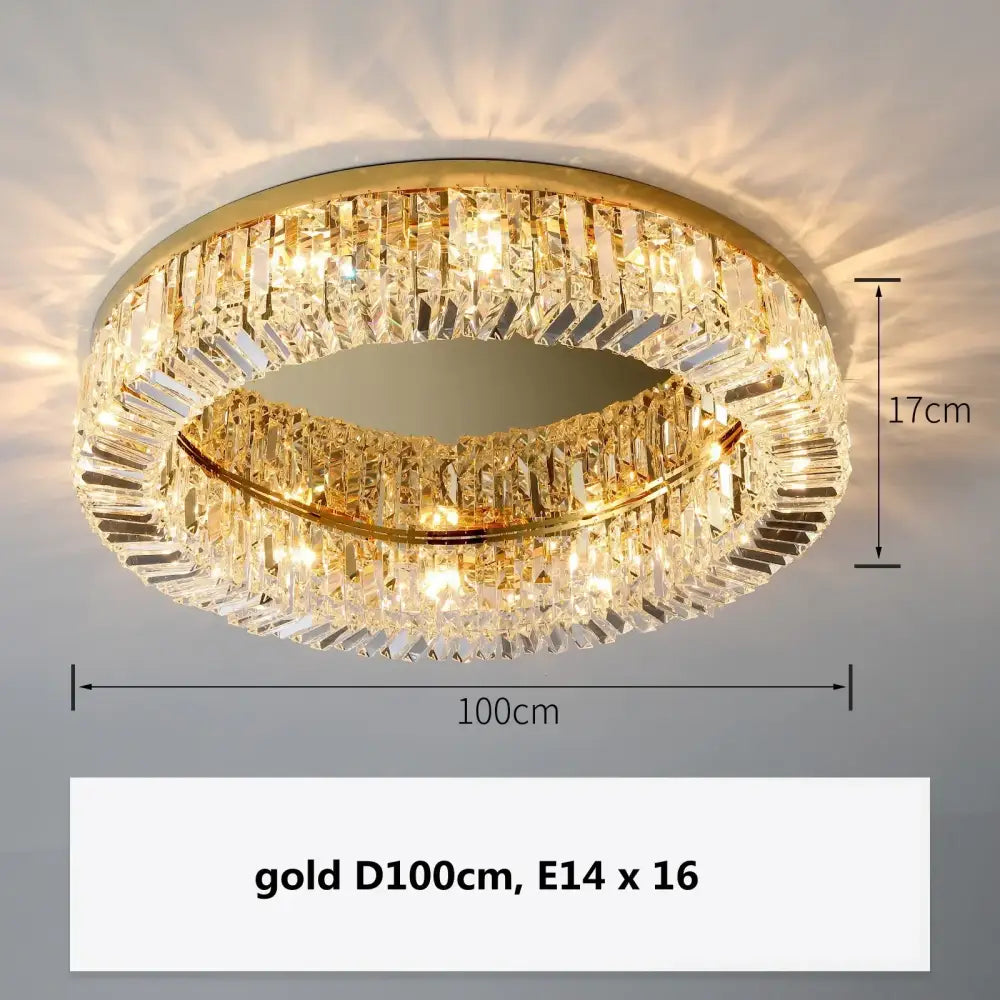 Gold-colored DecorBites™ crystal LED chandelier ceiling light with faceted rings and 16 bulbs for dining room use