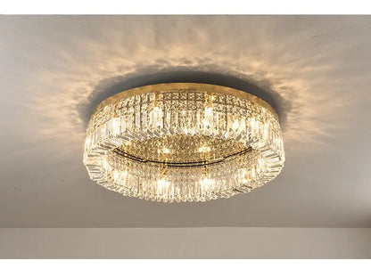DecorBites™ gold crystal LED chandelier ceiling light with tiers of faceted glass prisms for modern dining room ambiance