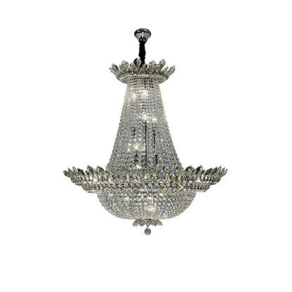 A sparkling silver decorbites crystal led chandelier with tiered fluted design and leaf-like embellishments for living room