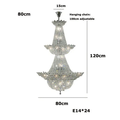 A three-tiered Decorbites crystal led chandelier with chrome frame and clear faceted crystals for living room lighting