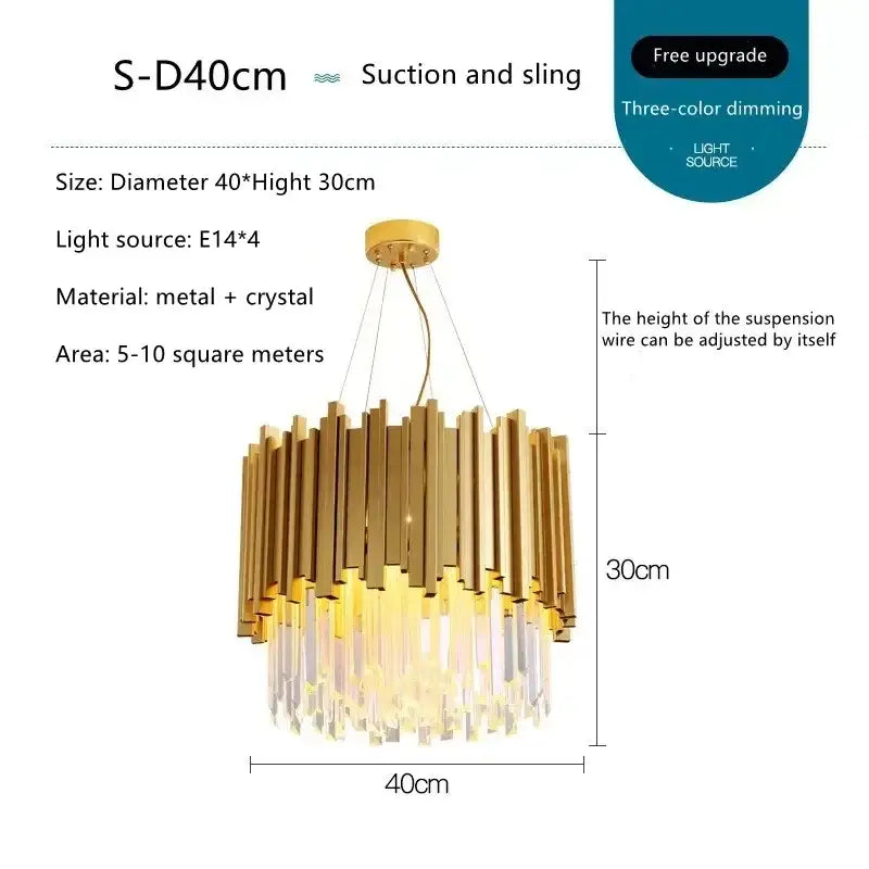Gold-toned decorbites crystal led chandelier with vertical metal rods and hanging crystal droplets for dining room light