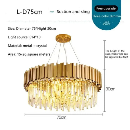 Gold-toned decorbites crystal led chandelier with circular metallic frame and cascading crystal prisms for dining room light