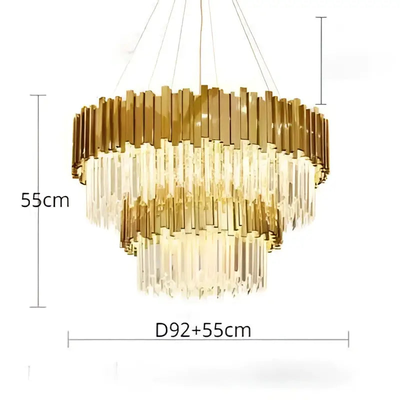 Gold-toned decorbites crystal led chandelier with tiered cylindrical crystal rods and clear glass prisms for living room