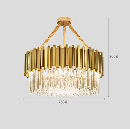 Gold-toned decorbites crystal led chandelier with vertical brass bars and cascading prisms for living room lighting