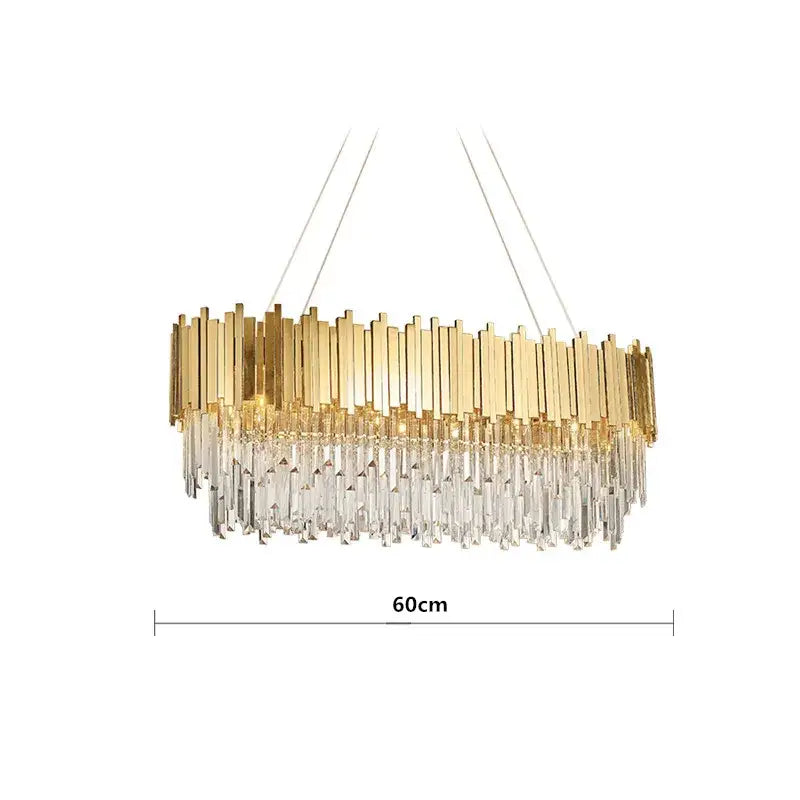 Gold-toned decorbites crystal led chandelier with vertical brass bars and cascading clear crystal prisms for living room