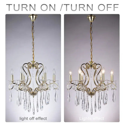 Brass-finished decorbites crystal led chandelier with clear crystal droplets and candle-style bulbs for dining rooms