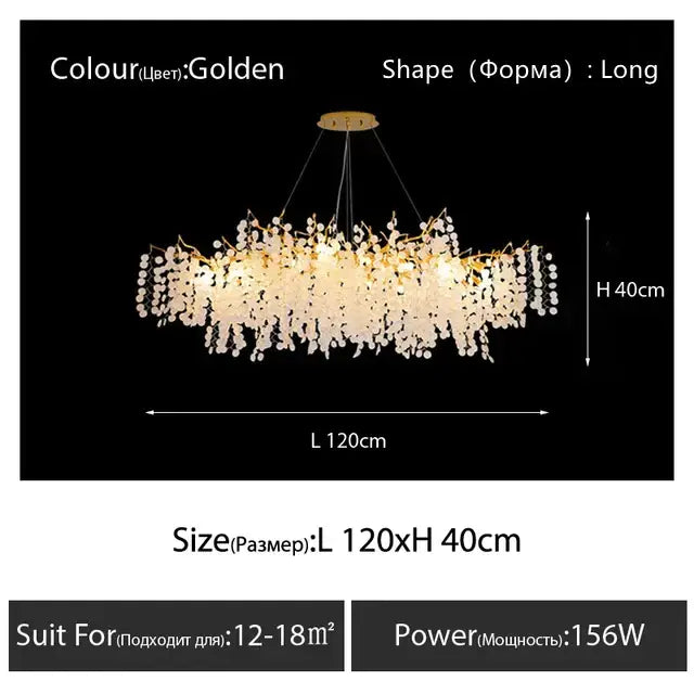 Golden decorbites crystal led chandelier with cascading crystal droplets and central circular fixture for dining room lighting