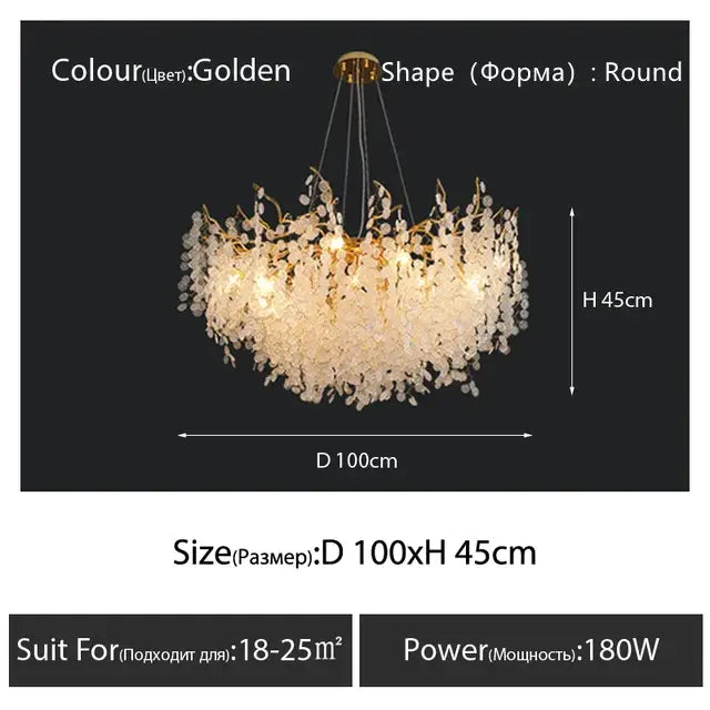 Decorbites crystal led gold floral chandelier with round frame and dangling crystals for dining room lighting