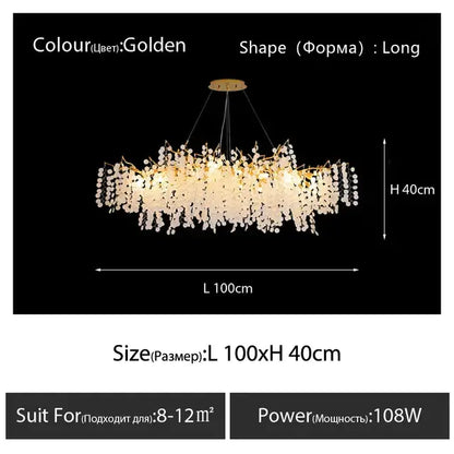 Golden decorbites crystal led chandelier with cascading crystal droplets and central illuminated panel for dining room