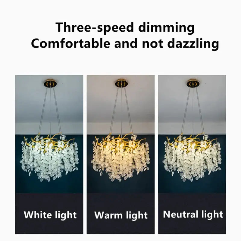 Elegant gold-toned decorbites crystal led chandelier with cascading clear petals and three lighting modes for dining room