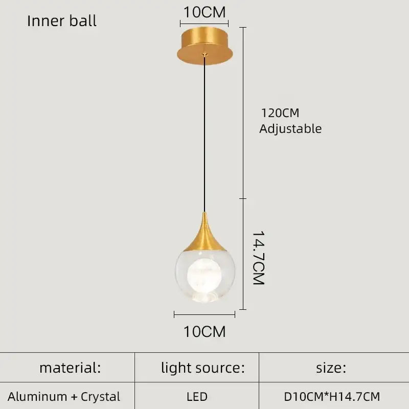 Gold-toned decorbites crystal led pendant light with clear crystal globe and aluminum inner ball, adjustable 120cm length