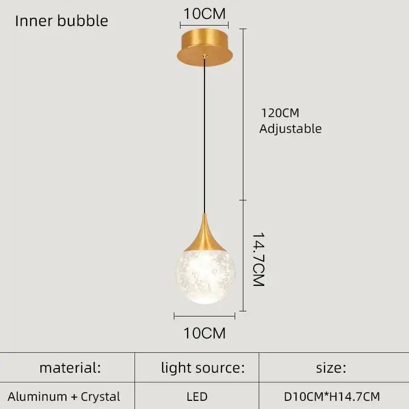 Gold-toned decorbites crystal led pendant light with crystal globe and aluminum fixture, adjustable 120cm hanging length
