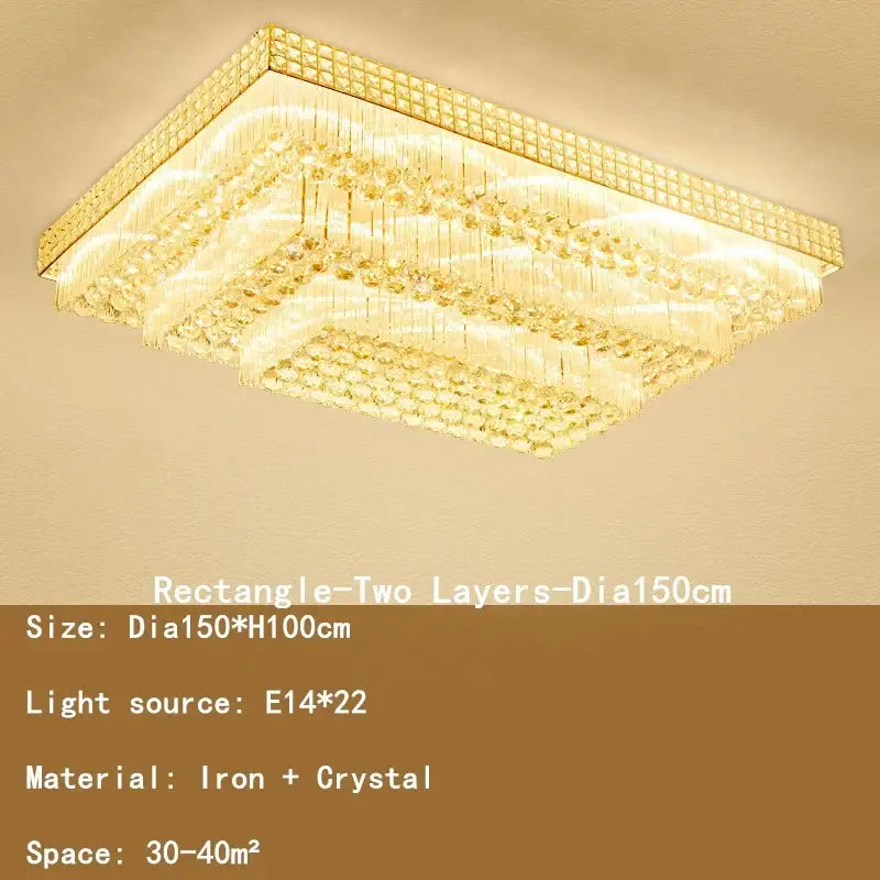 Rectangular two-layer decorbites crystal led chandelier with golden iron frame and cascading clear crystals ceiling lamp