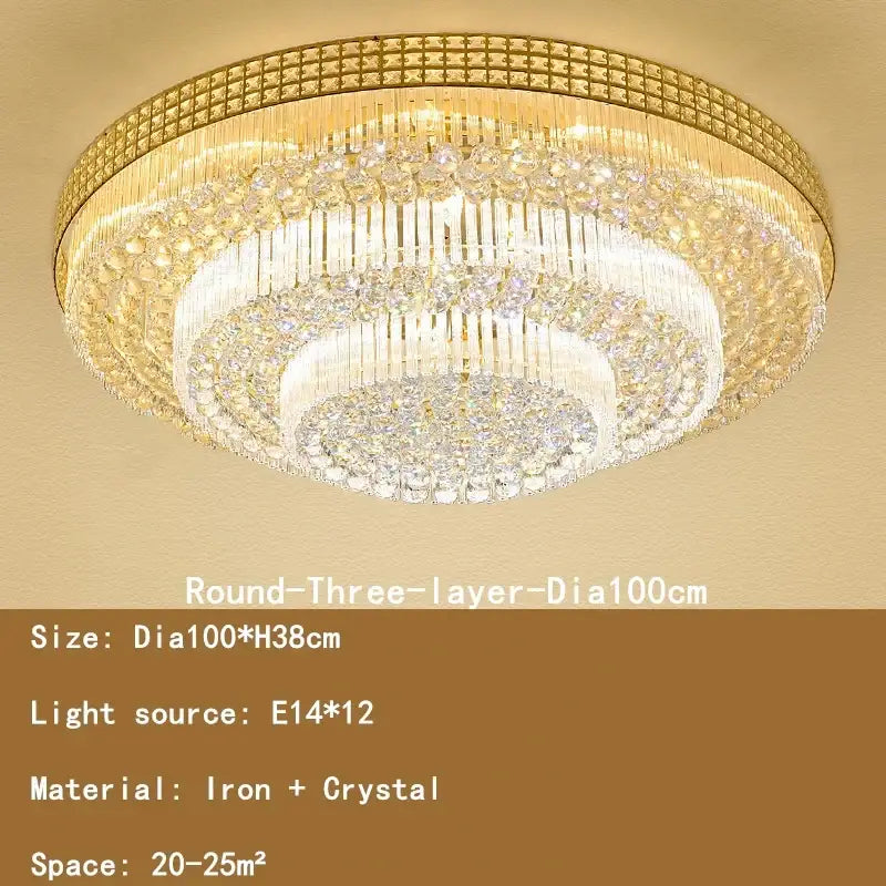 A luxurious decorbites crystal led chandelier with three tiers of clear crystals and a golden iron frame for living rooms ceiling lamp