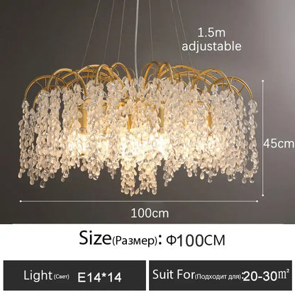 Gold-toned decorbites crystal led chandelier with cascading clear crystal droplets 100cm diameter for luxury living room