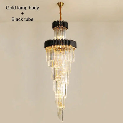 Elegant decorbites crystal led multi-layer staircase chandelier with gold lamp body black tubes and clear crystal rods