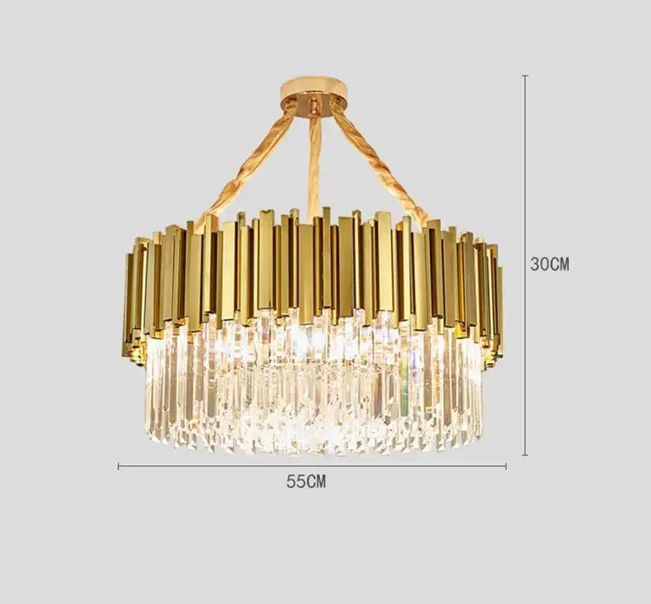 Decorbites crystal led pendant gold chandelier with vertical brass bars and cascading crystal prisms for dining room