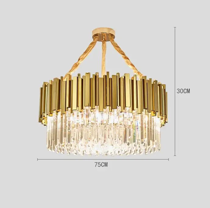 Gold-toned decorbites crystal led pendant chandelier with vertical brass bars and cascading crystal prisms for dining room