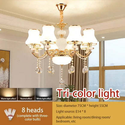 Gold-toned decorbites crystal led pendant chandelier with eight frosted glass shades and crystal droplets for living room