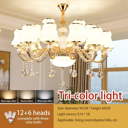 Gold-toned decorbites crystal led pendant chandelier with twelve frosted glass shades and six crystal teardrops for living room