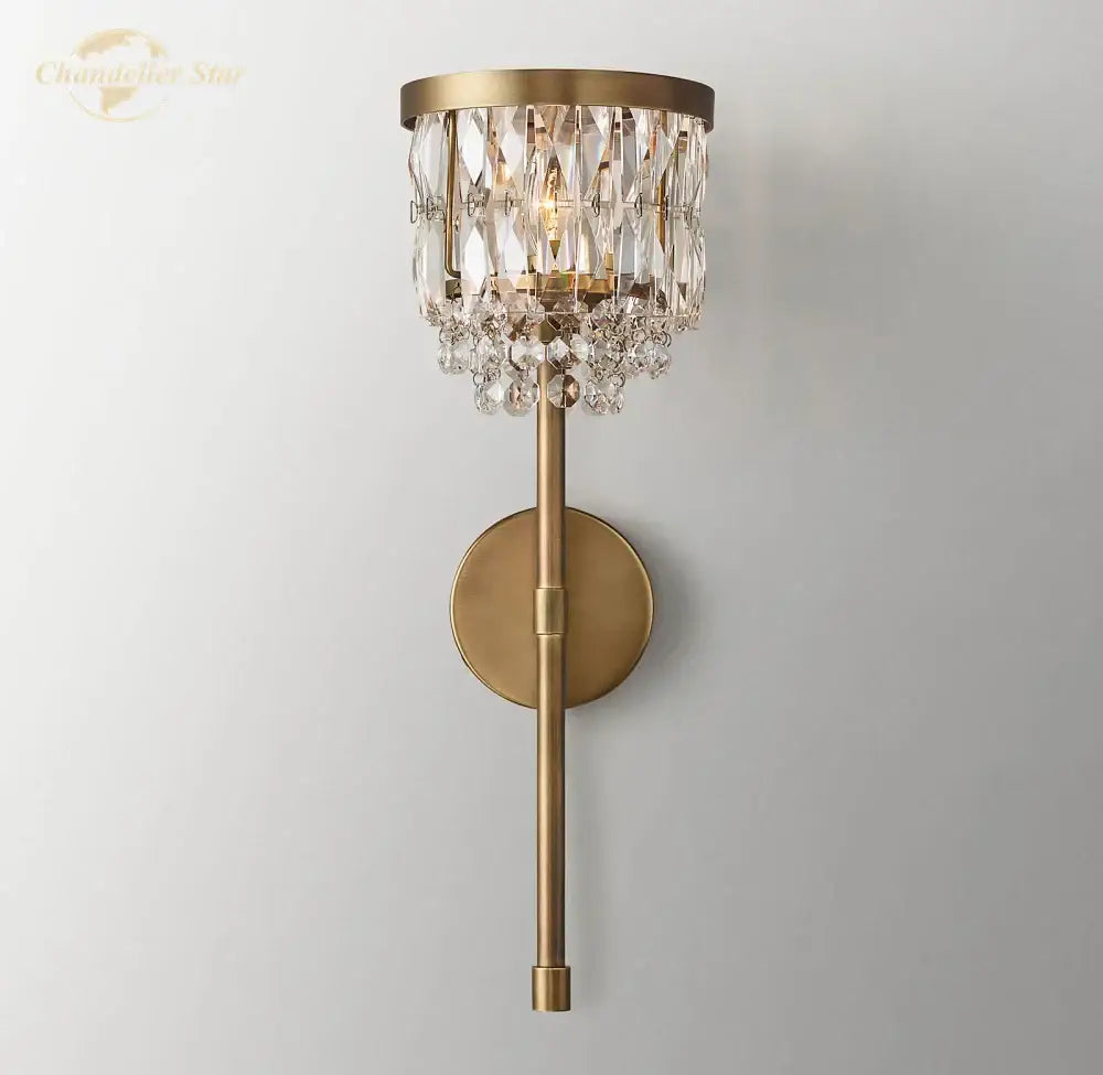 Brass-finished wall sconce with cascading clear crystal prisms decorbites crystal led crystal led wall light