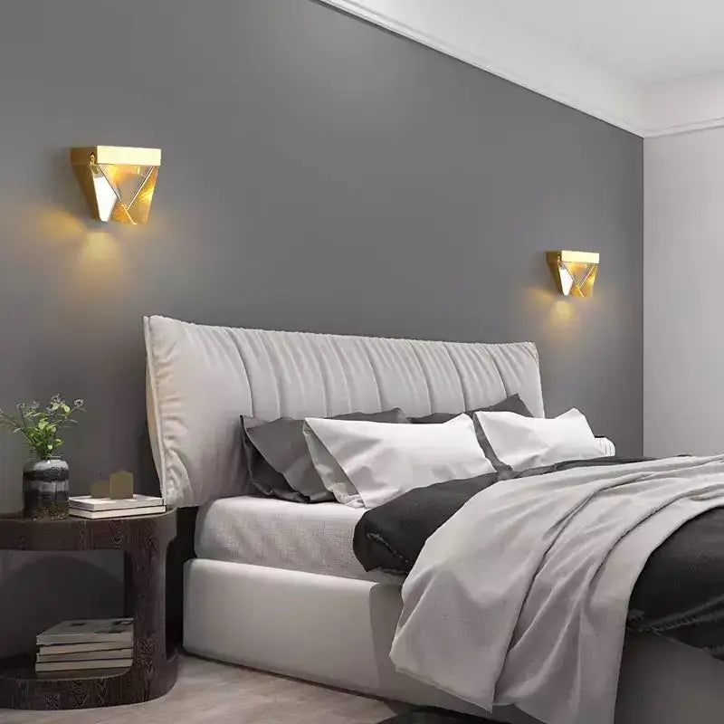 Modern gold crystal led wall sconce with triangular geometric design for bedroom decorbites crystal led wall lighting