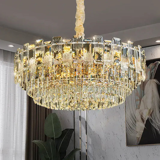 Luxury golden decorbites crystal light chandelier with cascading rectangular faceted glass elements for living room
