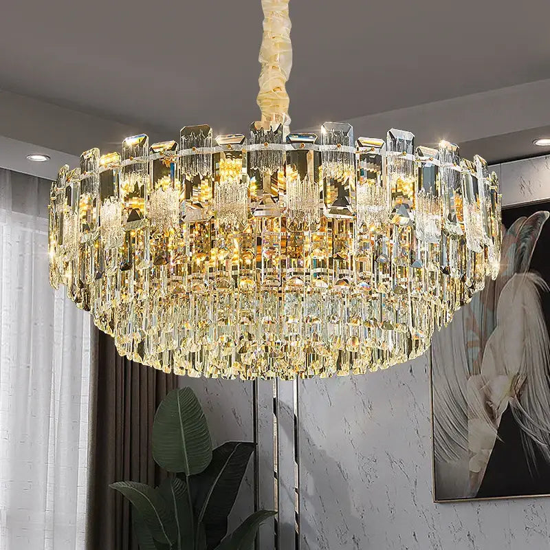 Luxury golden decorbites crystal light chandelier with cascading rectangular faceted glass elements for living room