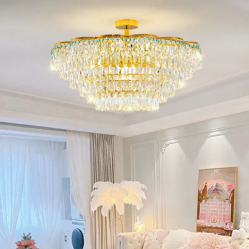 Post-modern gold and turquoise crystal light chandelier with cascading clear and turquoise-blue crystals for dining room decorbites crystal light