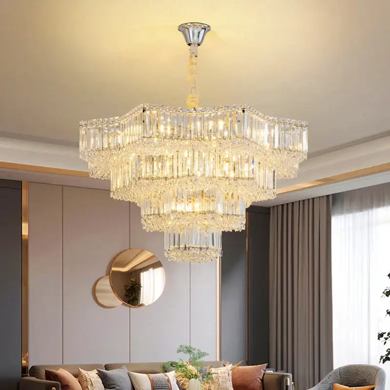 Modern luxury decorbites crystal livingroom chandelier with chrome finish and cascading rectangular prisms for dining room decor