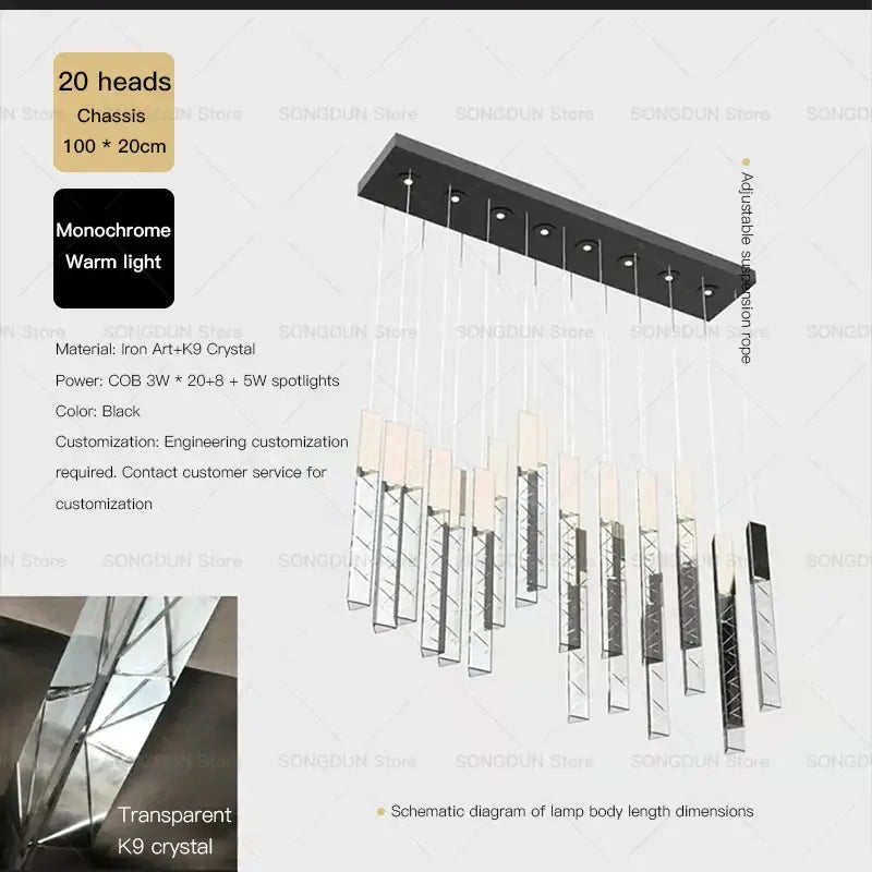 DecorBites™ Crystal Loft Chandelier for Duplex Living Room & Stairwell, Long Hanging Lighting