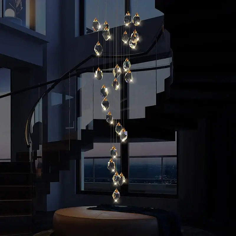 Modern crystal loft chandelier with faceted crystal pendants and illuminated bulbs for stairwell pendant lighting decorbites crystal loft