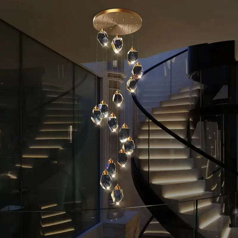 Gold-toned modern crystal loft chandelier with faceted black crystal pendants for stairwell pendant lighting decorbites crystal loft