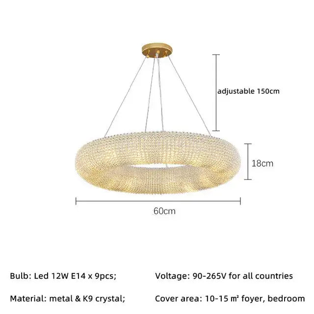 DecorBites™ Crystal Loft Chandelier: Modern Luxury Circle Pendant Lamp for Living Room Lighting