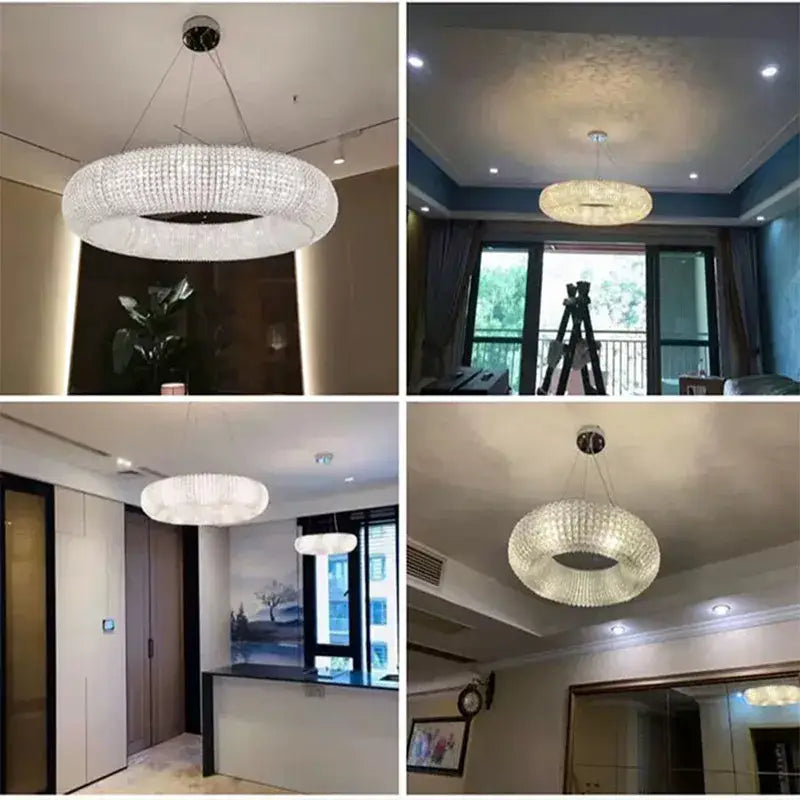 DecorBites™ Crystal Loft Chandelier: Modern Luxury Circle Pendant Lamp for Living Room Lighting