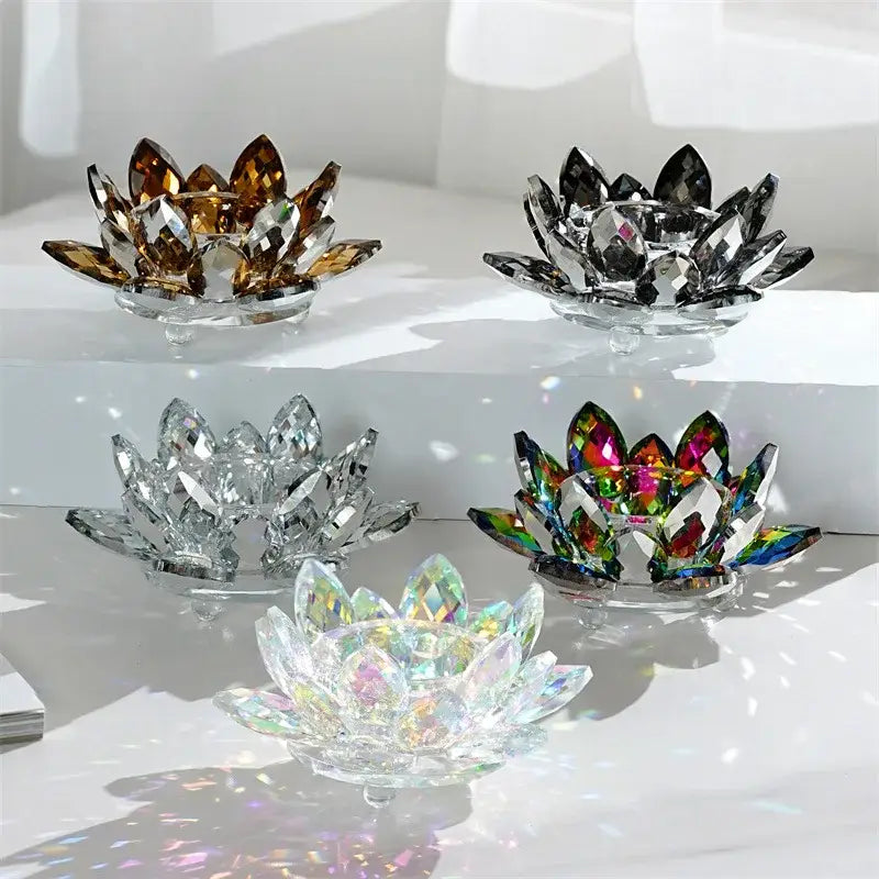 Colorful crystal lotus candle holder in clear gold black and rainbow iridescent for dining room aromatherapy use