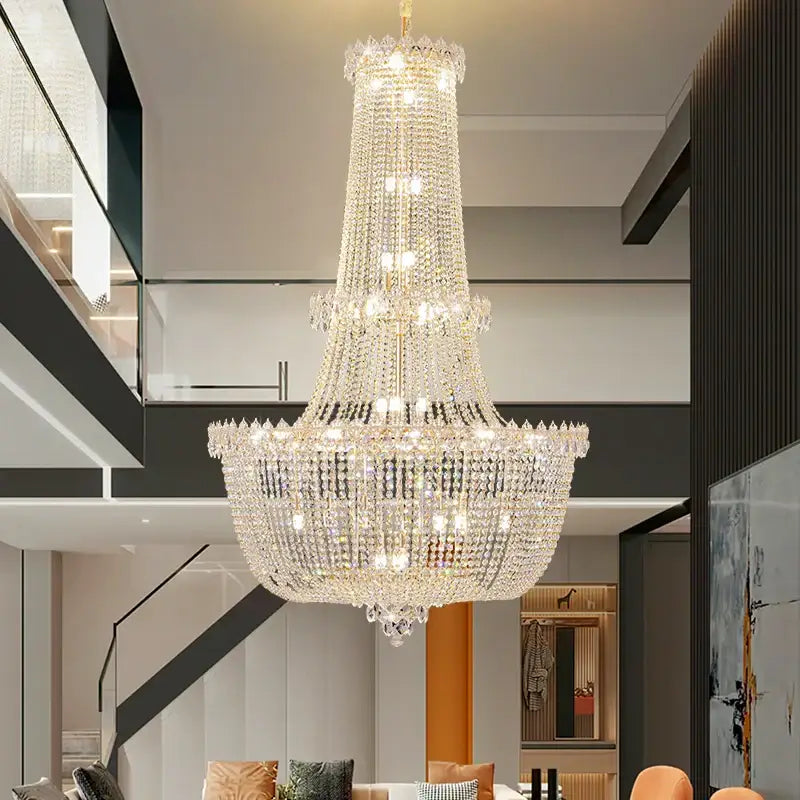 Modern european crystal luxe chandelier with cascading clear faceted crystals and warm lights for living room decorbites crystal luxe
