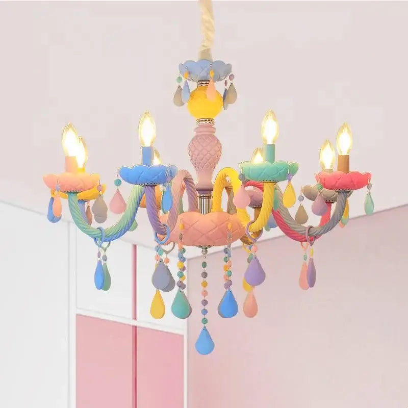 Pastel rainbow crystal luxury candle chandelier with teardrop beads and rainbow-hued arms for dining room decorbites crystal luxury